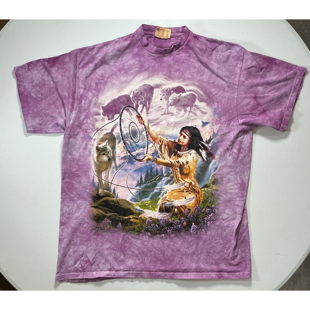 VTG Y2K The Mountain Wolf Dreamcatcher Indian Woman T-Shirt XL Purple Tie Dye